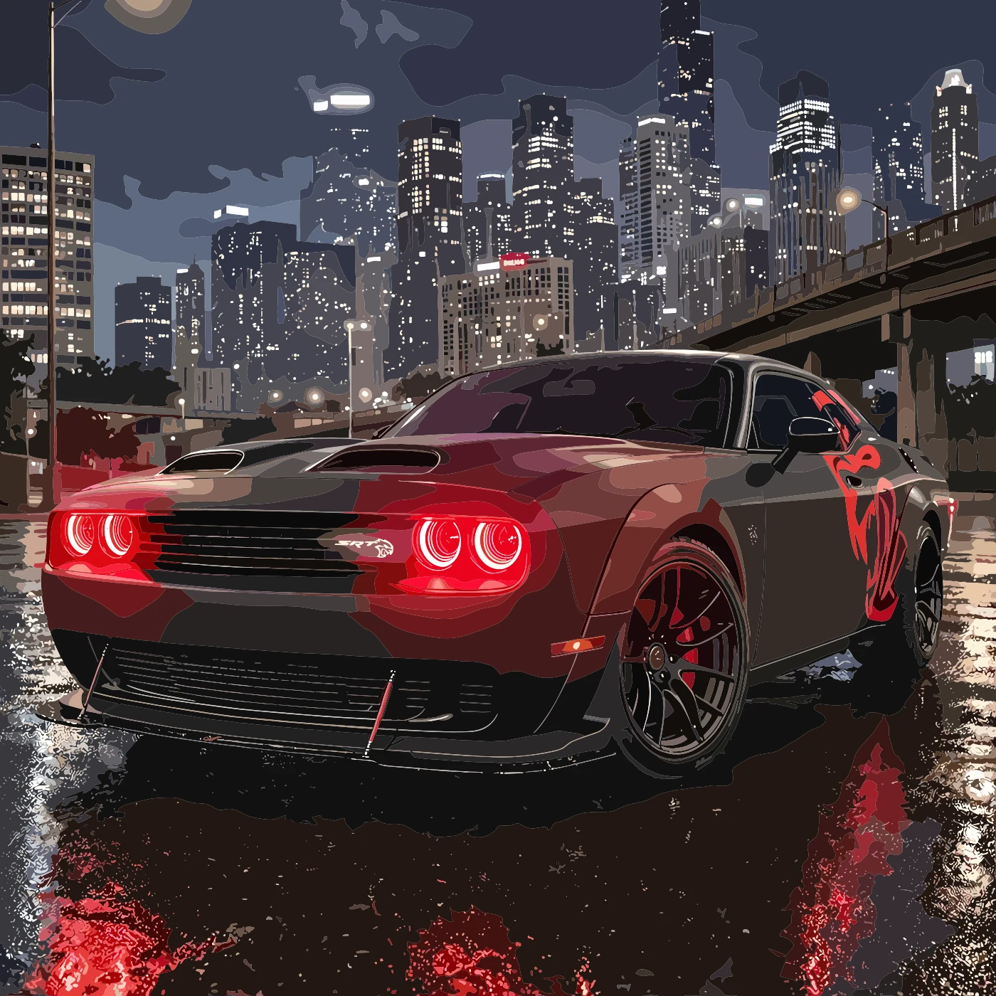 The same city scene with the color filled in