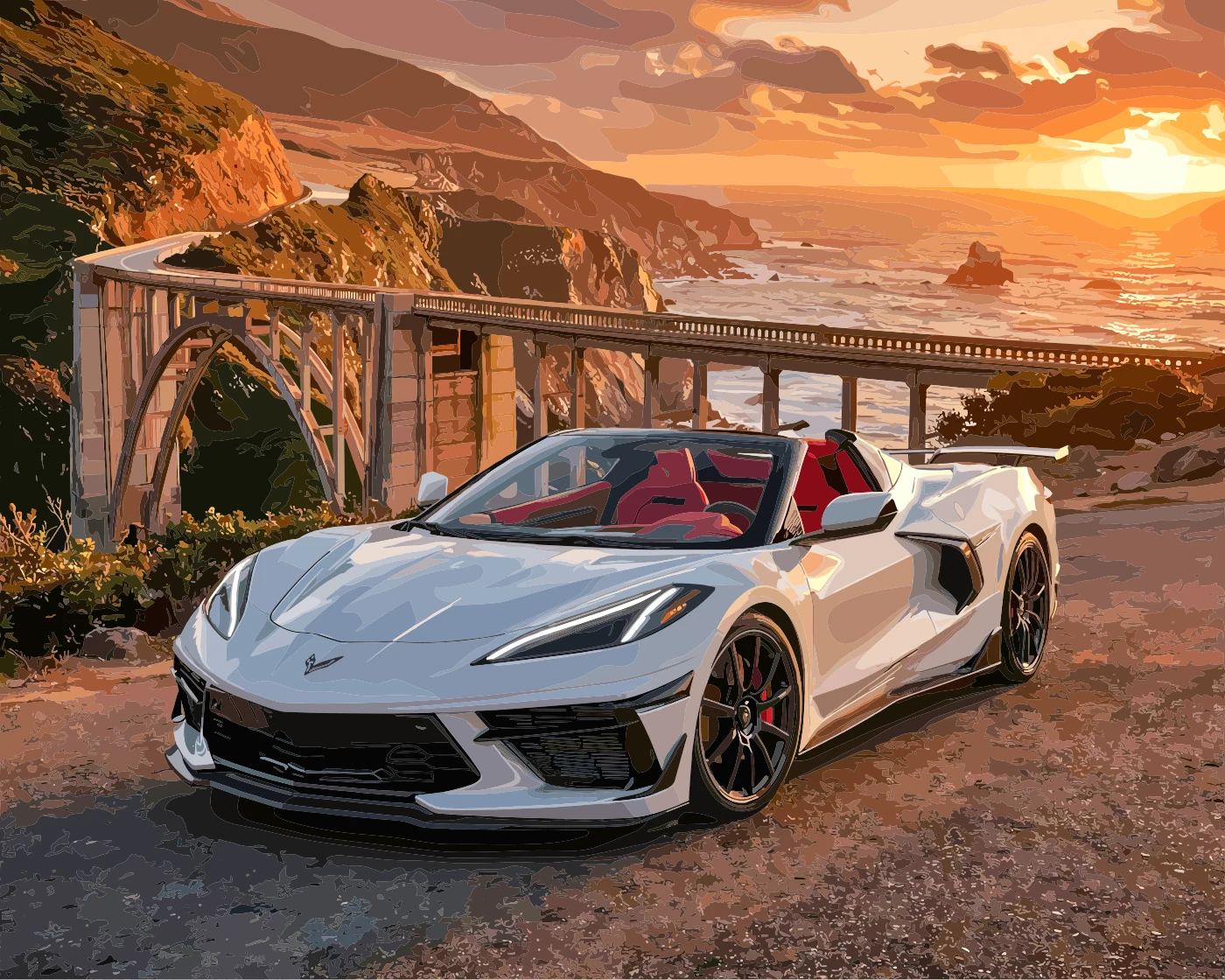 Finished illustration of a silver open-top sports car on a coastal road at sunset