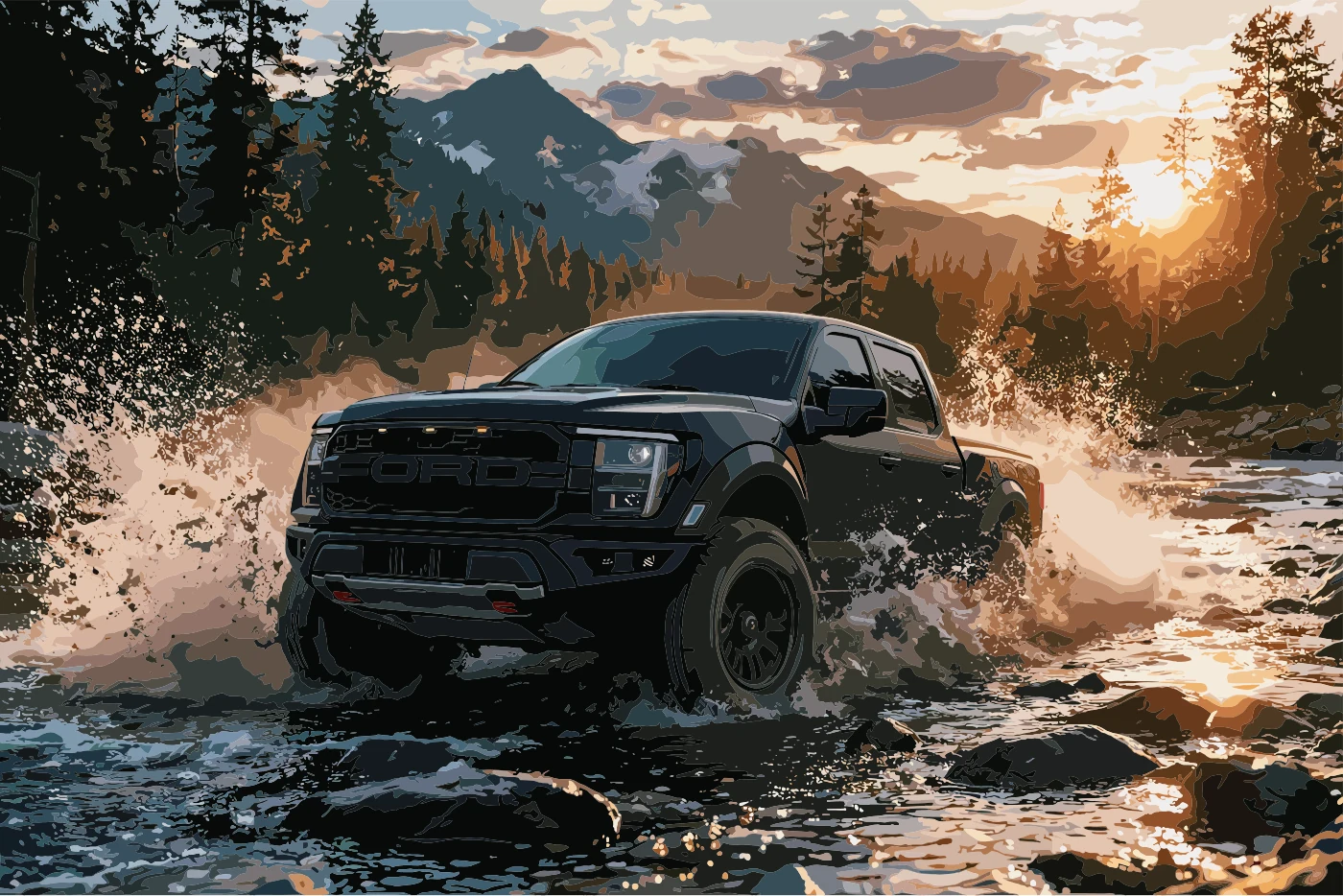 Finished illustration of an off-road pickup crossing water in a forest at sunset