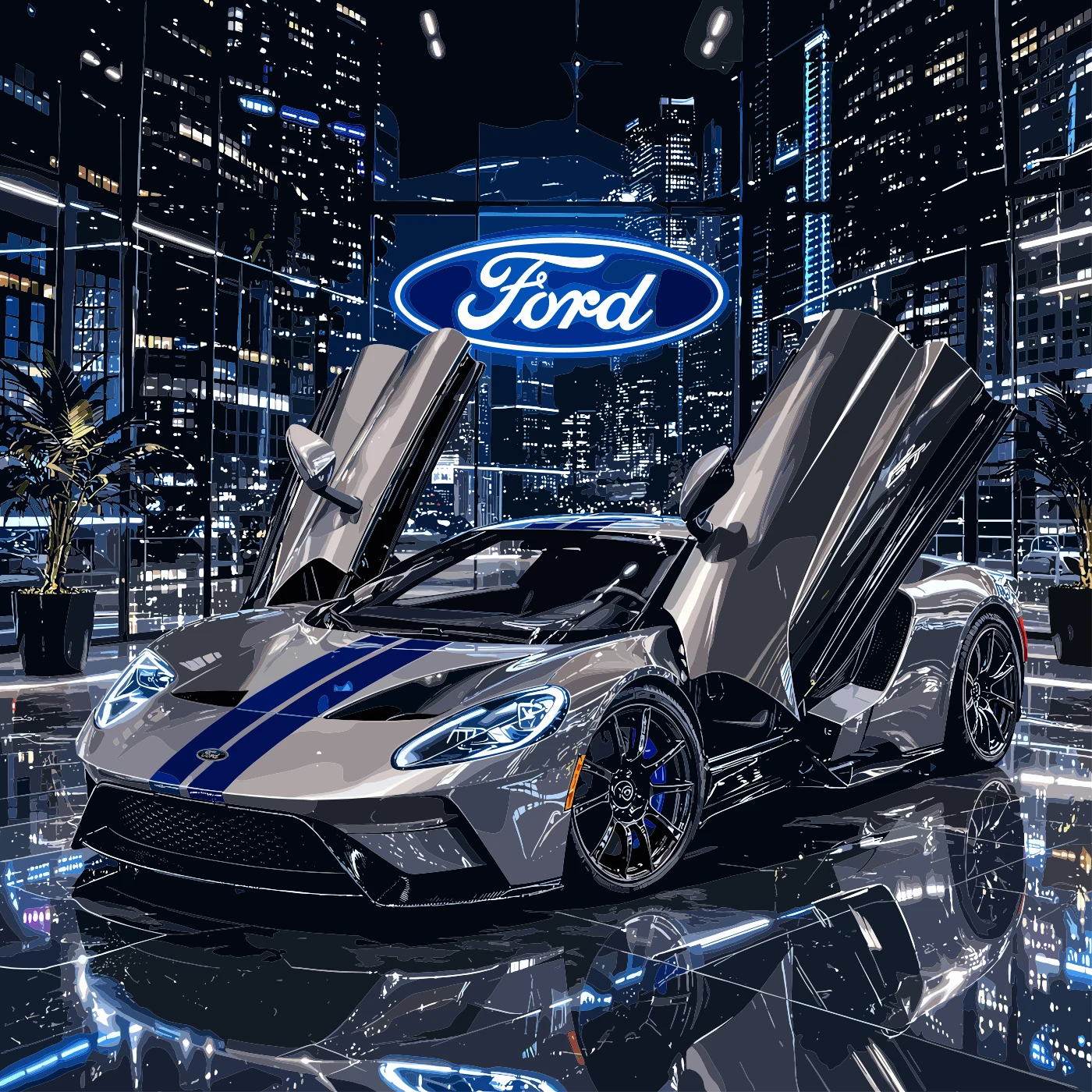 Finished illustration of a silver and blue supercar with raised doors in a city at night