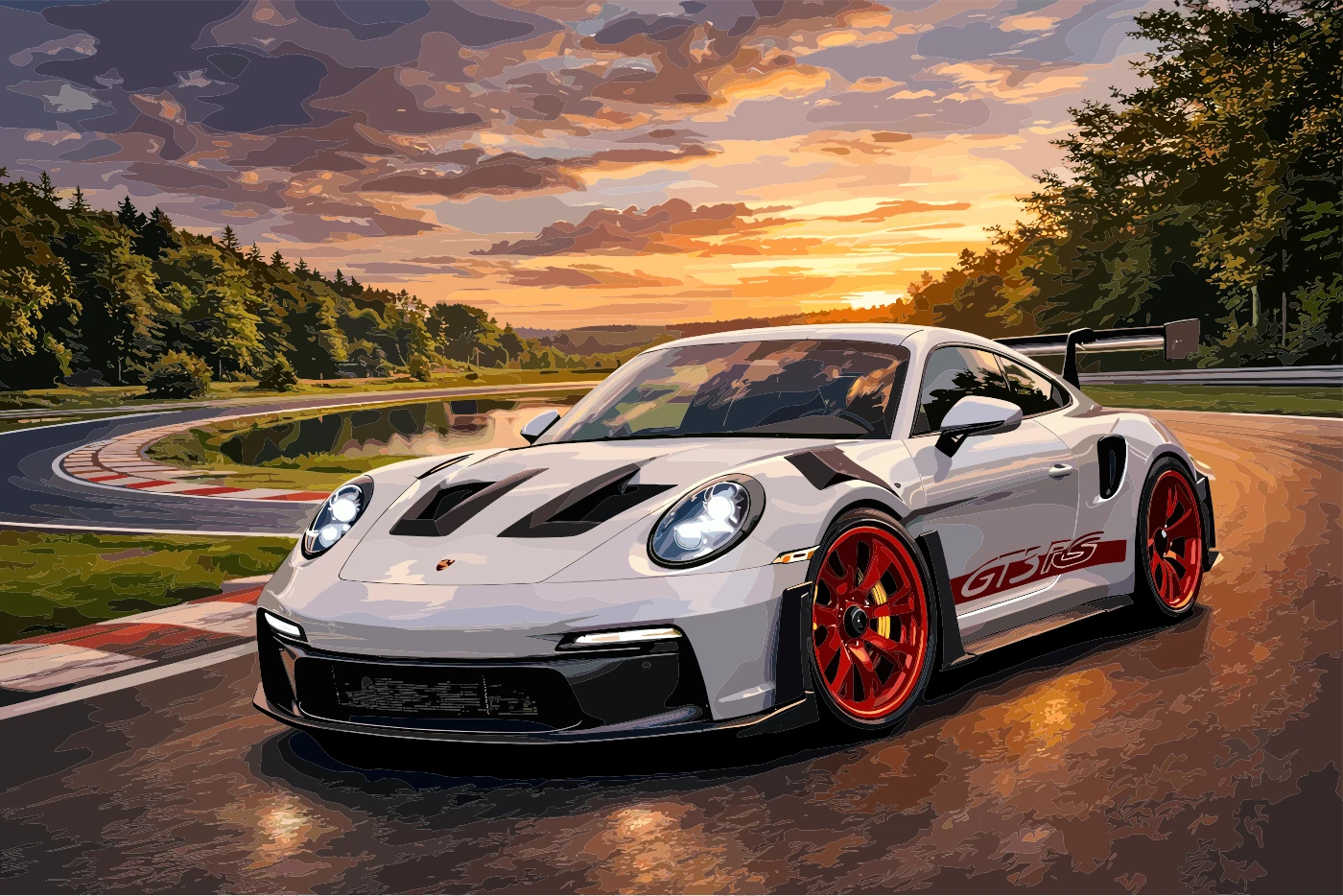 White Porsche 911 with red wheels, illustrated on a circuit at sunset