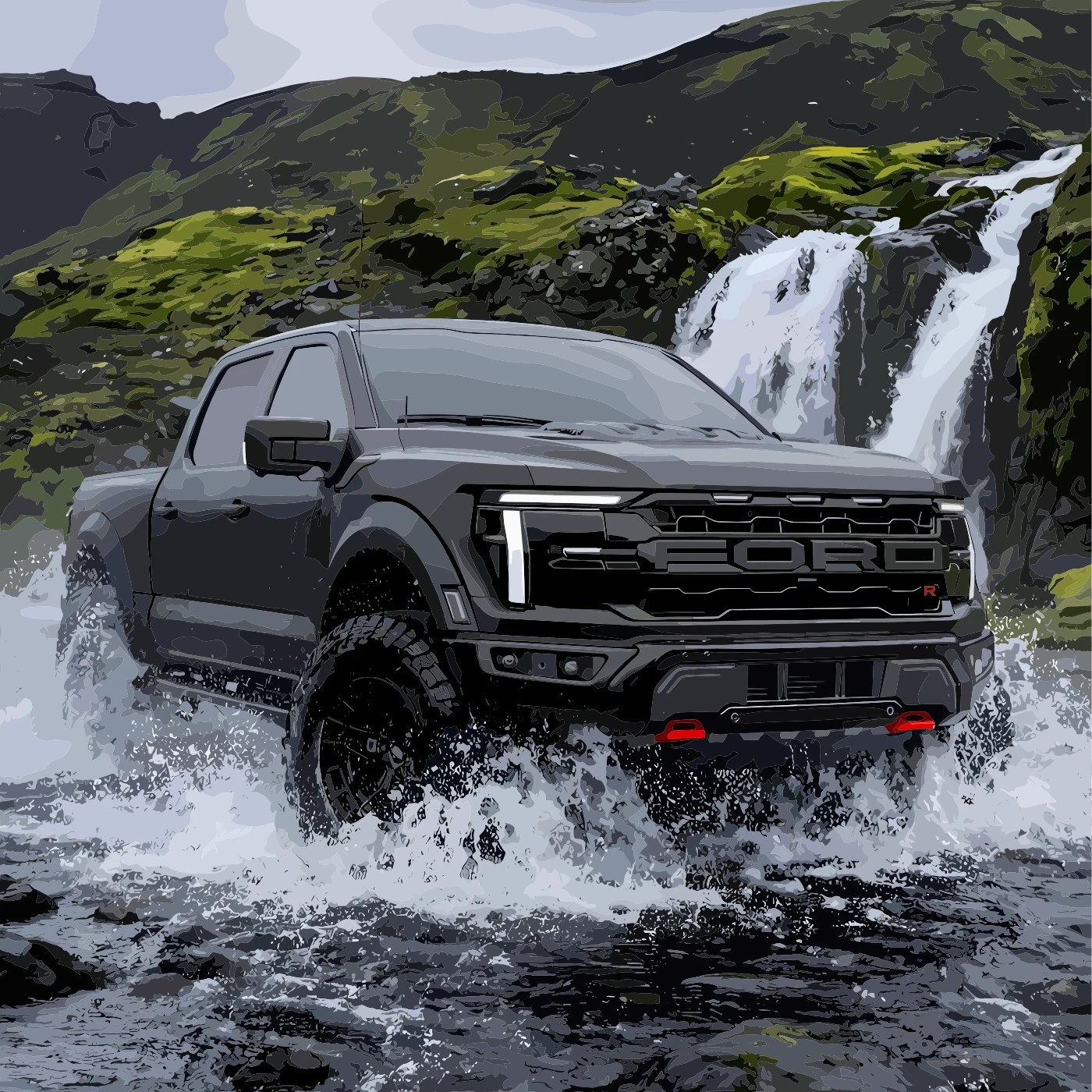 Finished illustration of a dark pickup truck crossing water beside a waterfall